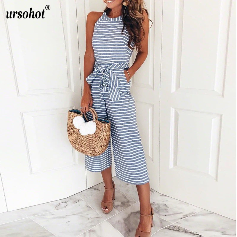 Ursohot Fashion Slim Striped Jumpsuit Female Halter Bandage With Belt Loose Sleeveless Rompers O Neck Overalls For Women 2018 | Женская