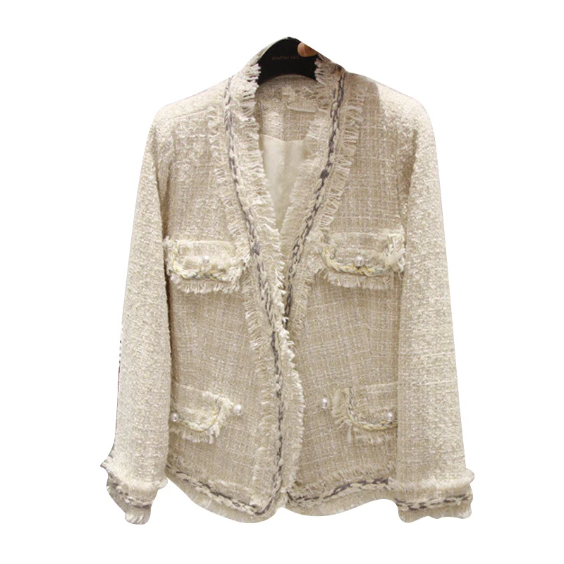 

2020 spring and autumn new ladies temperament V-neck jacket tweed pearl buckle Slim tassel short coat women