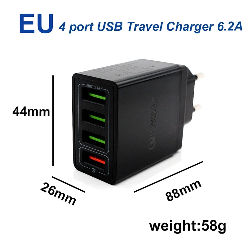 EU Black 4 порта зарядное устройство для путешествий 3,0 A Быстрая зарядка USB зарядное устройство быстрое зарядное устройство для samsung Galaxy S8 Xiaomi 5 iPhone адаптер EU/US разъем - Тип штекера: EU Black