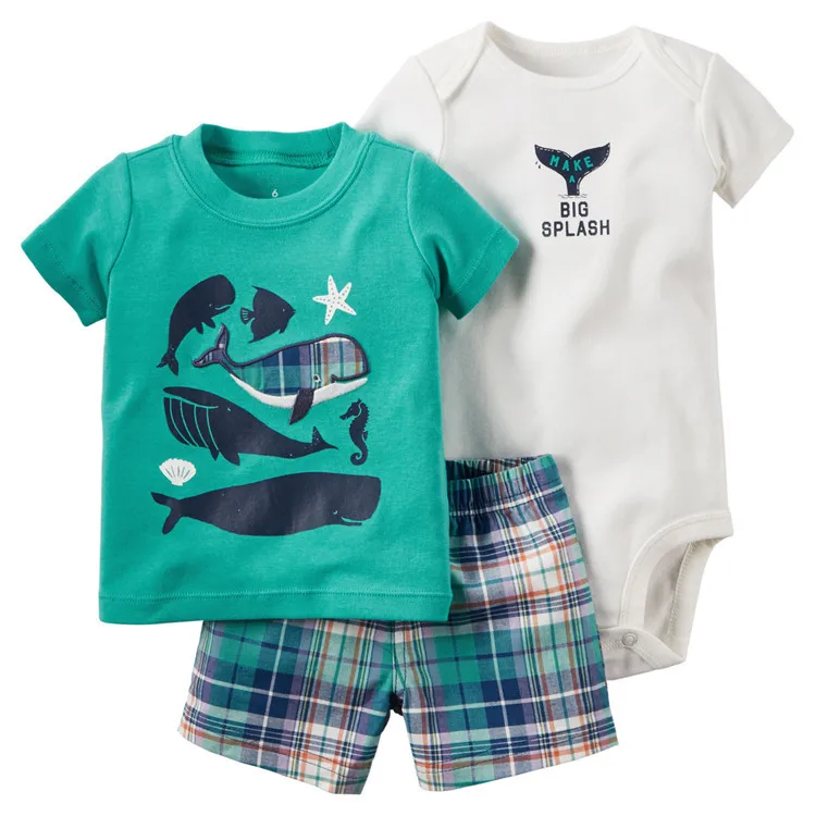 Лето 2018 комплект из 3 предметов для маленьких детей футболка + babysuit шорты костюм