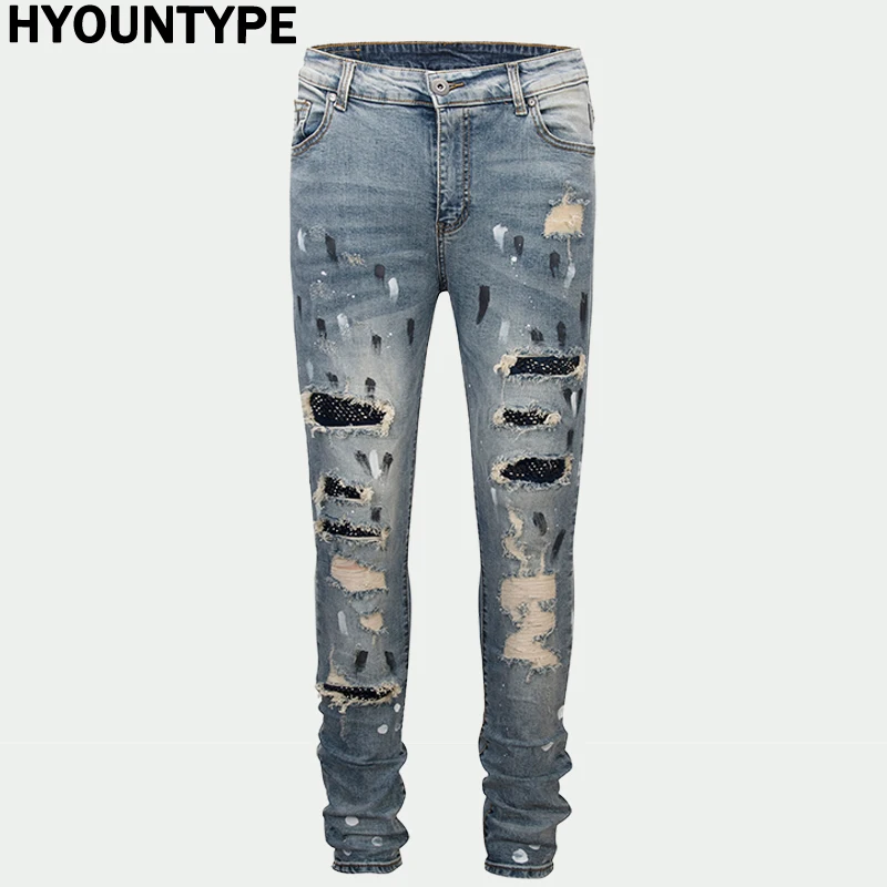 Graffiti Printed Ripped Destroied Denim Jean Mens Distressed Biker Jeans with Sequins 2018 Fashion High-street Slim Pants Jogger