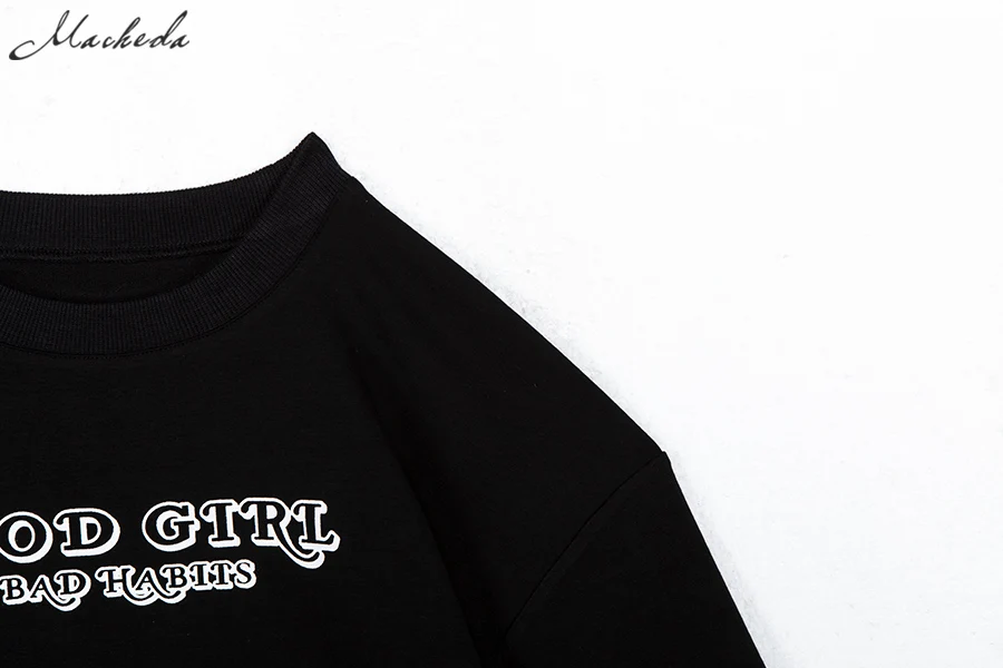 Macheda Women Letter Print Pullovers Streetwear Long Sleeve O Neck Sweatshirt Lady Black Knitted Loose Cropped Pullover New
