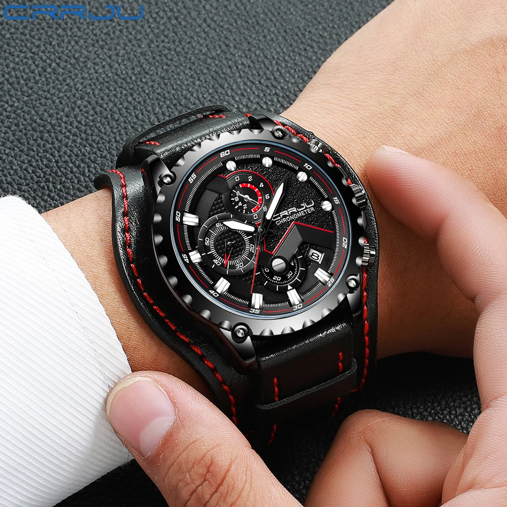

CRRJU Sports Watches with Chronograph and Luminous Hands Casual Analog Military Quartz Leather Wrist Watch Relogio Masculino