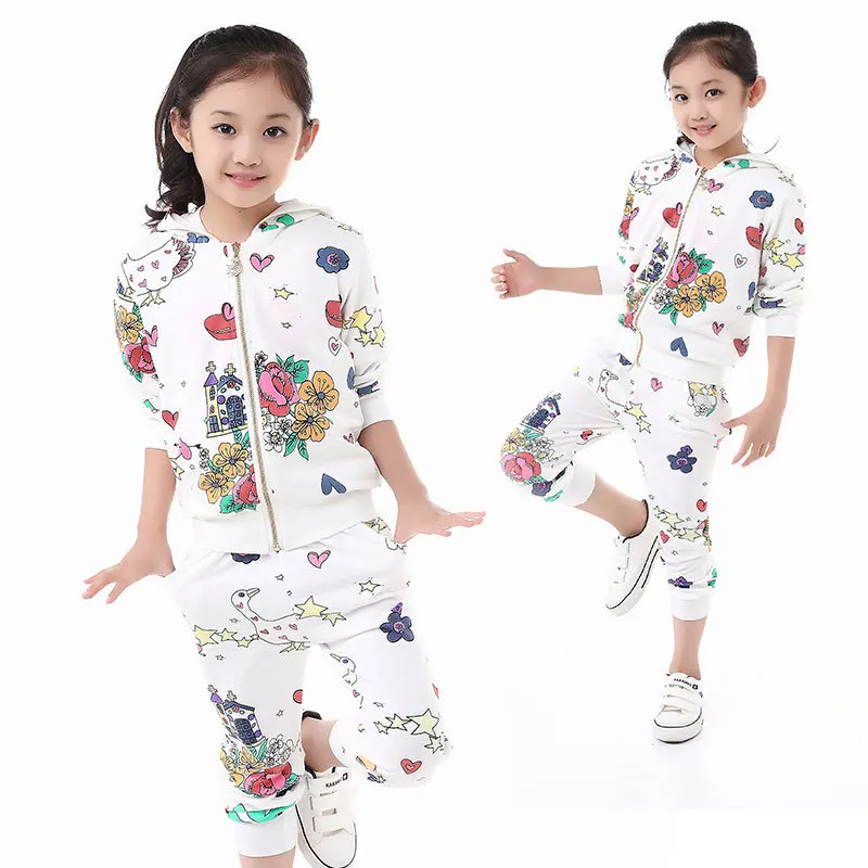 

2018 New 3-12T flower children girls clothing sets fashion spring autumn girls hoody sets casual child set top shirt+pant