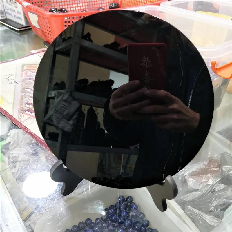 

DHX SW huge 20cm natural black obsidian plate fengshui thick mirror circle disk reiki healing crystal stone with free shelf