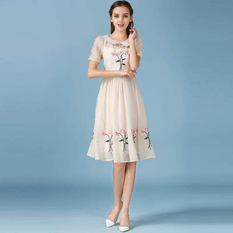 2017 Женская одежда новый сезон: весна–лето мода цветы платье с вышивкой Рубашка