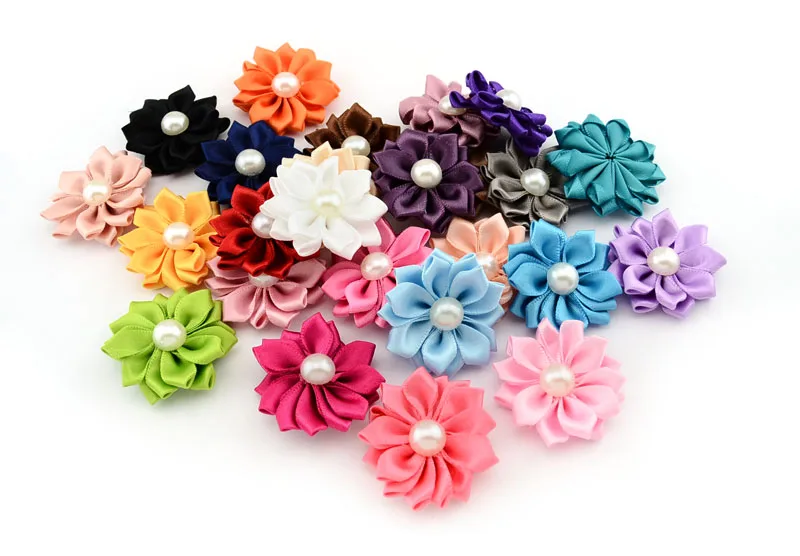 50 шт./лот украшения для волос цветок атласная лента жемчужная аппликация повязка