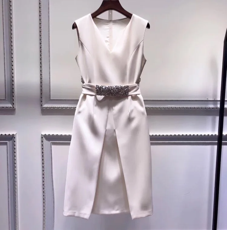 Vestidos De Festa, летнее модное офисное платье для женщин, с v-образным вырезом, с кристаллами, с бисером, без рукавов, облегающее платье-карандаш, тонкая одежда для вечеринок