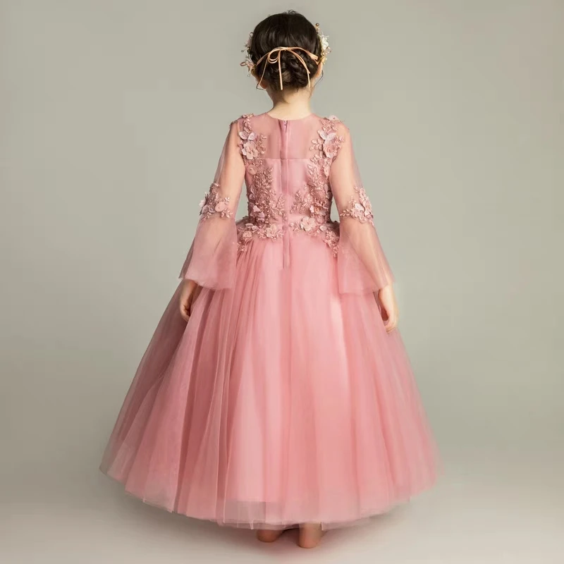 

2019 Autumn Spring New Children Girls Birthday Wedding Party Princess Dress Kids Teens Piano Performance Host Lace Flowers Dress