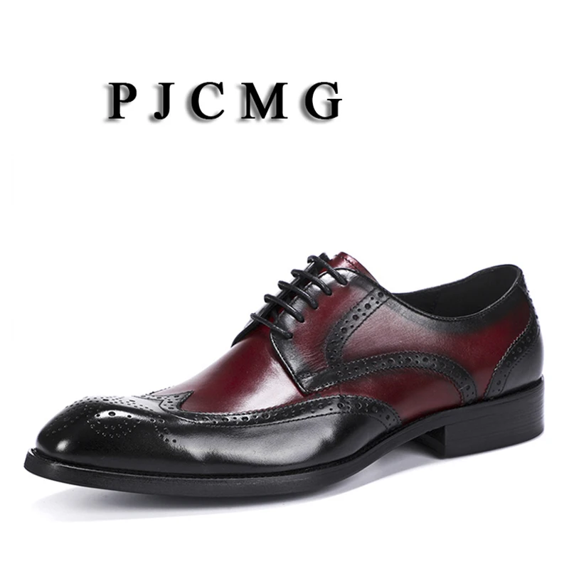 

PJCMG New Fashion Comfortable Black/Red Genuine Leather Lace-Up Carved Pointed Toe Flat Man Casual Classic Dress Gentleman Shoes