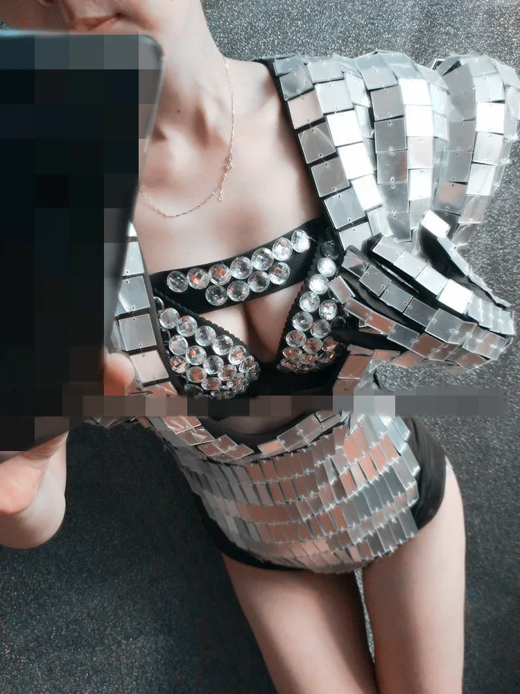 Ночной клуб женские серебряные золотые линзы боди с кристаллами бюстгальтер