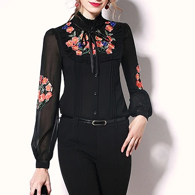 Black Silk Shirt Высококачественная Женская атласная блузка, рубашка, Женская Новая Винтажная рубашка с длинным рукавом, с вышивкой, в стиле Корта, шелковые блузы, рубашки, женские топы - Цвет: Black Silk Shirt