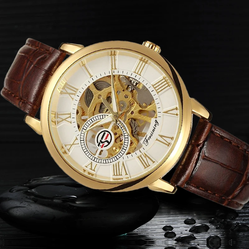Forsining Брендовые мужские часы ручной работы скелет кожаный ремешок Reloj De Lujo платье