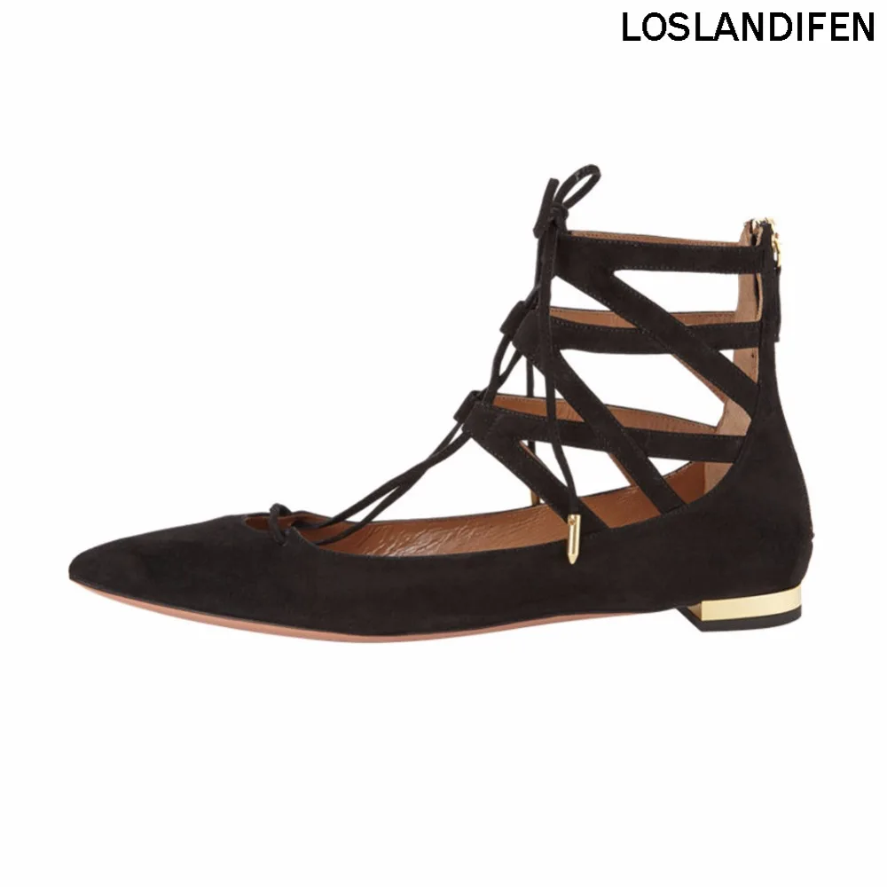 Женские модные туфли ручной работы на шнуровке балетки с заостренным носком