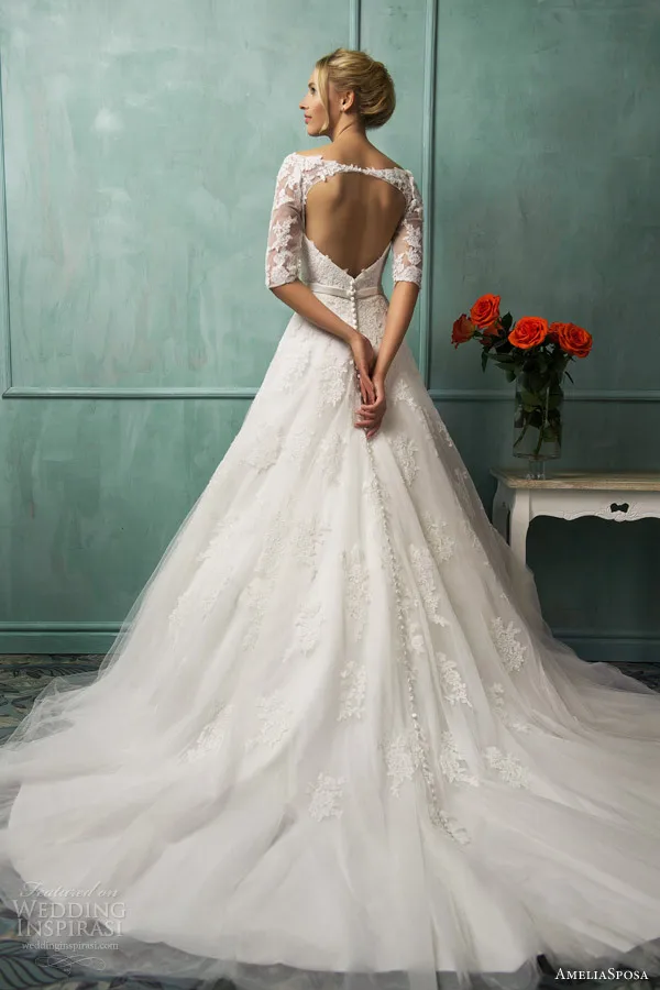 

Off The Shoulder Lace Appliques Open Back Ball Gown Wedding Dress With Sleeves