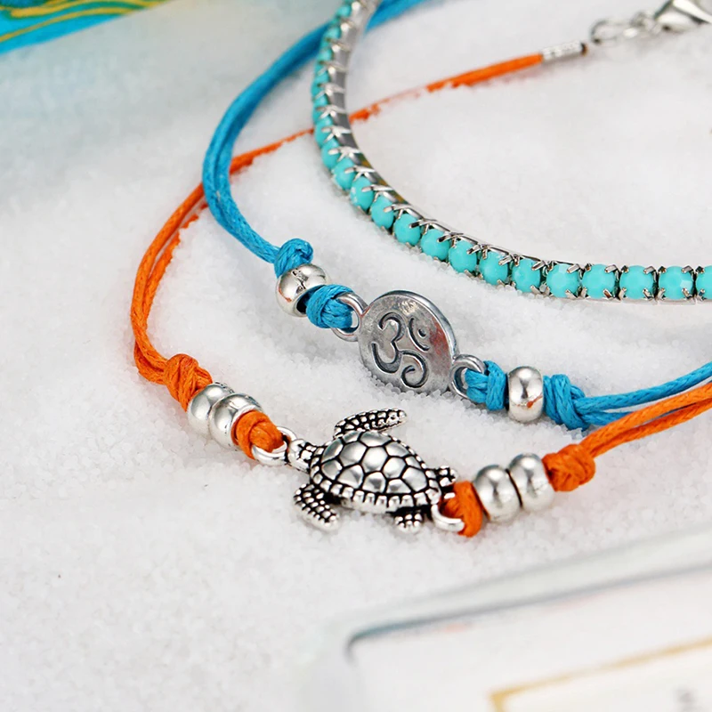 New Bracelet Vintage Wax Rope Turtle Anklet Tricolor Set Jewelry Summer Beach | Украшения и аксессуары