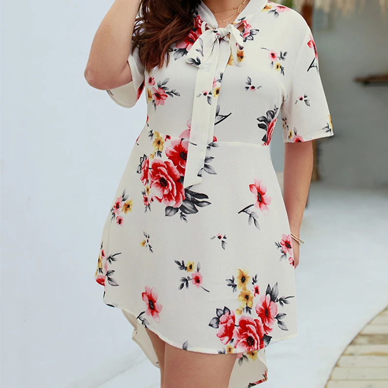 Платье WHZHM женское с цветочным принтом Белый Свободный Повседневный пляжный