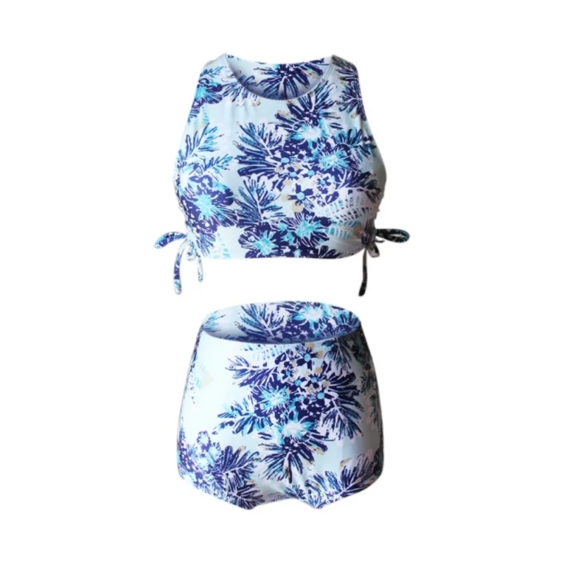 2 шт./компл. с цветочным принтом и круглым вырезом без рукавов женский бикини