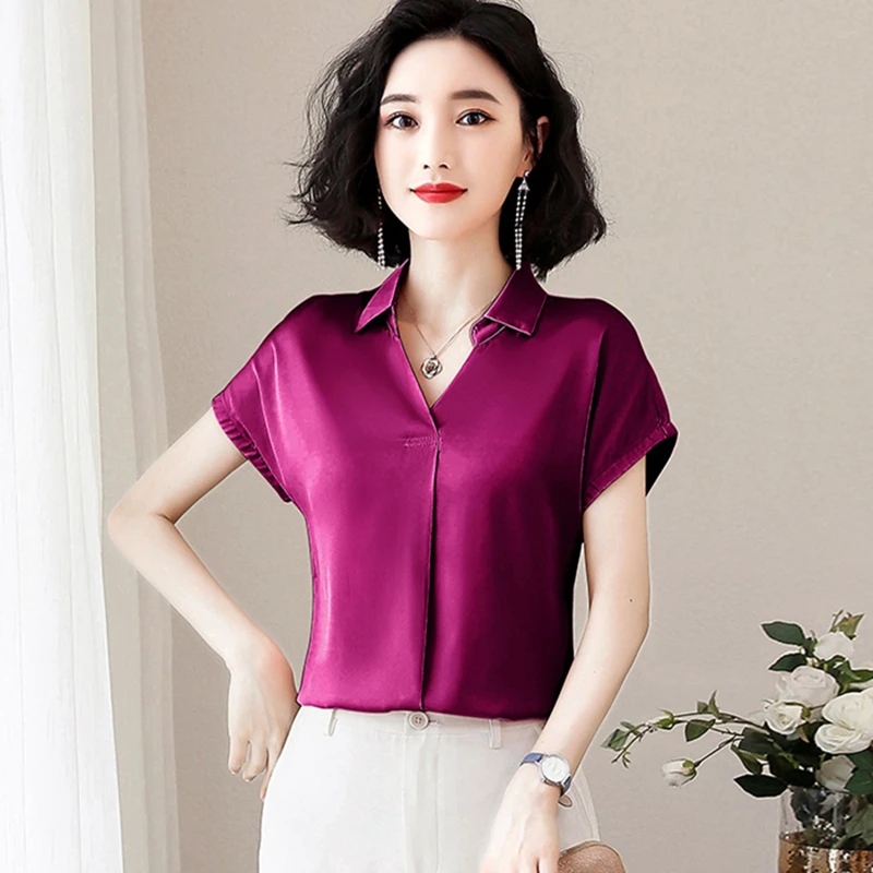 

Korean Fashion Silk Women Blouses Satin Solid Short Sleeve Pink Women Shirts Plus Size XXXL Womens Tops and Blouses