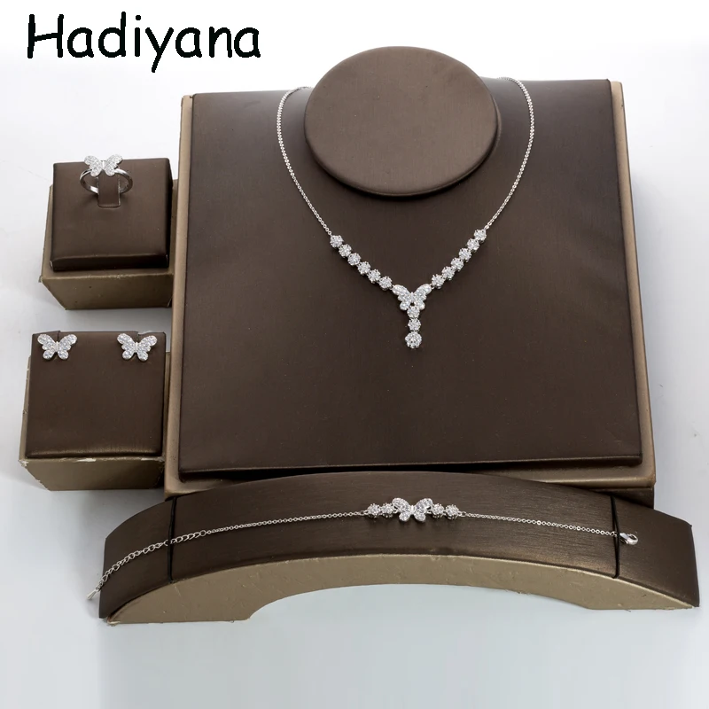 Набор украшений HADIYANA, роскошная бабочка, кубический цирконий, элегантное ожерелье, кольцо, серьги, браслет, набор для женщин, TZ8142 Bisuteria