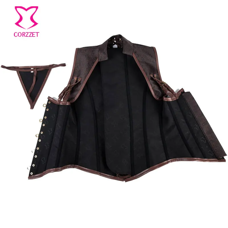 Готический Воротником Топ Браун Стимпанк Корсет Под Грудью Куртка Жилет Плюс