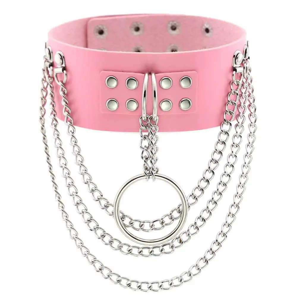 Pink KMVEXO, сексуальные панковские многослойные цепочки, чокеры, воротник, большой круглый металлический кожаный бондаж, готические украшения для женщин, клетка, жгут, ожерелье - Окраска металла: Pink