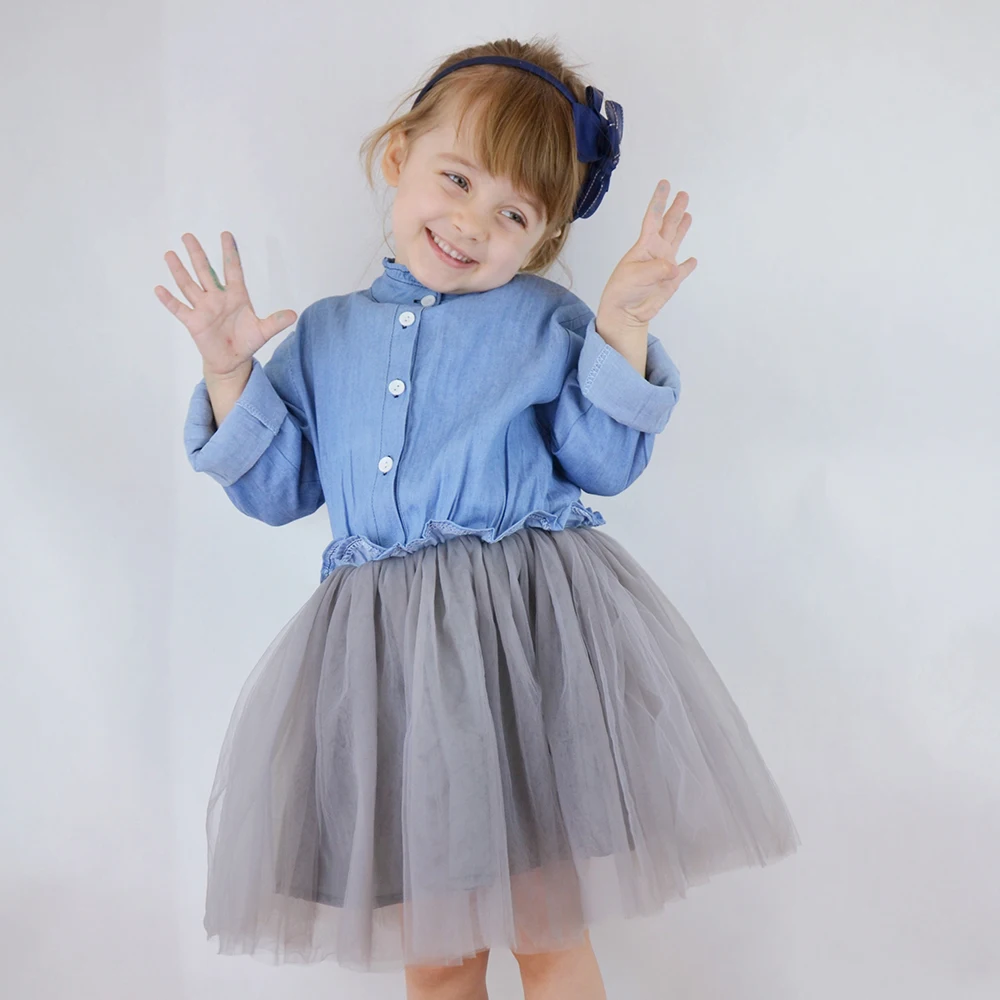 Girls Denim Dress 2019 Spring and Autumn New Long-sleeved Mesh Stitching Female Baby Princess Pettiskirt 2 3 4 5 6 7 | Детская одежда и