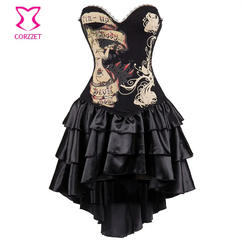Black Vintage Print Cotton Strapless Bustier Dress Burlesque Outfits Victorian Steampunk Costume Gothic Corset Dresses For Women