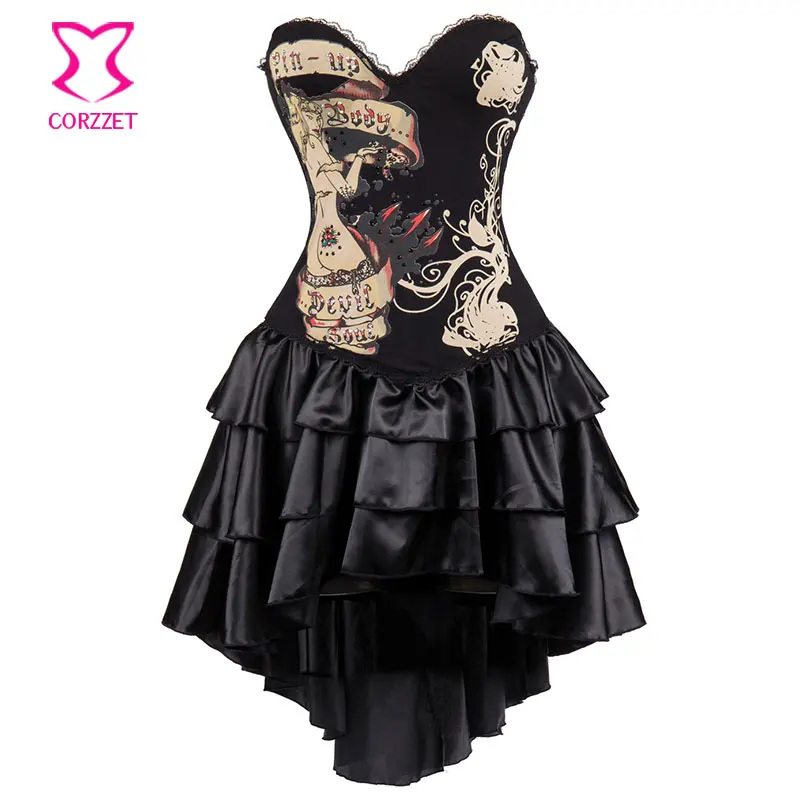 Black Vintage Print Cotton Strapless Bustier Dress Burlesque Outfits Victorian Steampunk Costume Gothic Corset Dresses For Women | Женская