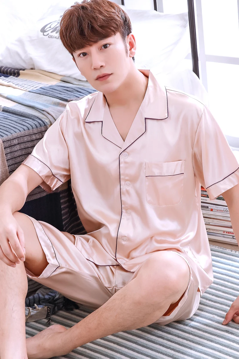 Тонкие мужские шелковые пижамы летние пуловеры с коротким рукавом большие