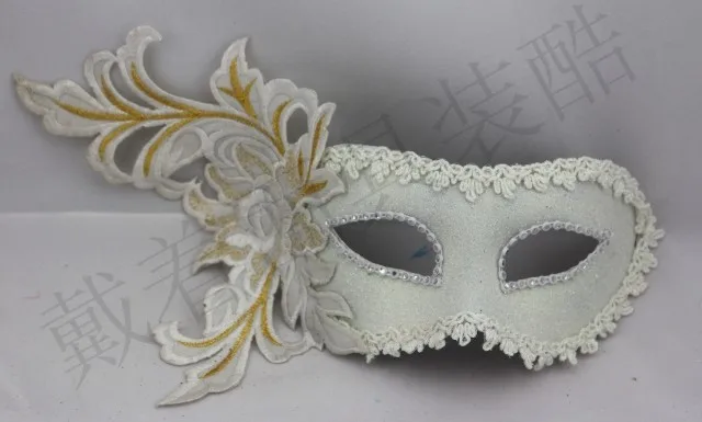 Маскарадная маска принцесса перо цветок кружева половина лица белый золотой