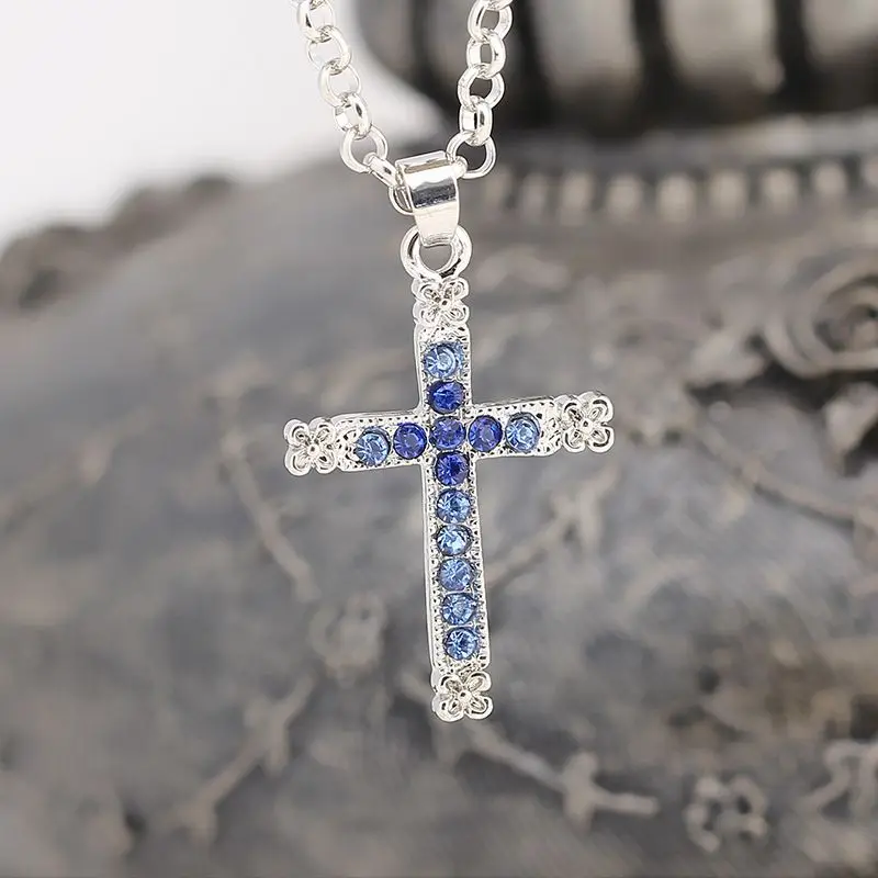 Мужские и женские ожерелья с подвеской крестом из синего горного хрусталя|necklace