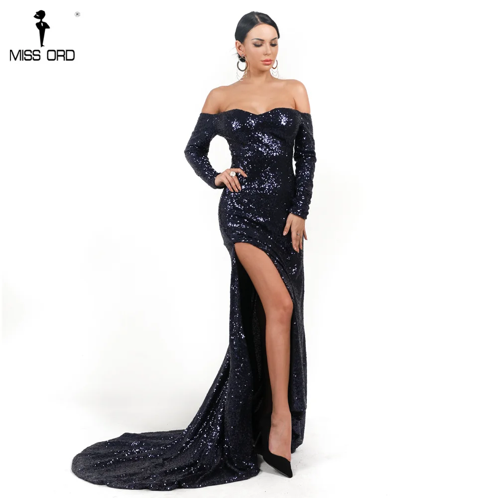 Missord 2019 сексуальное с открытыми плечами длинным рукавом Элегантный блесток
