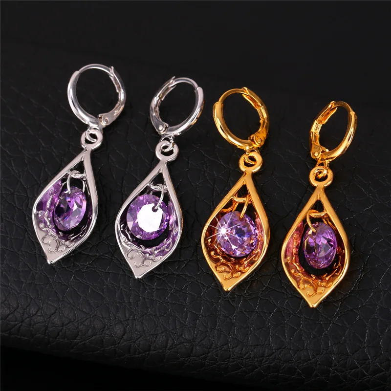 Женские фиолетовые серьги Kpop в форме капли с фианитом желтого золота/серебра