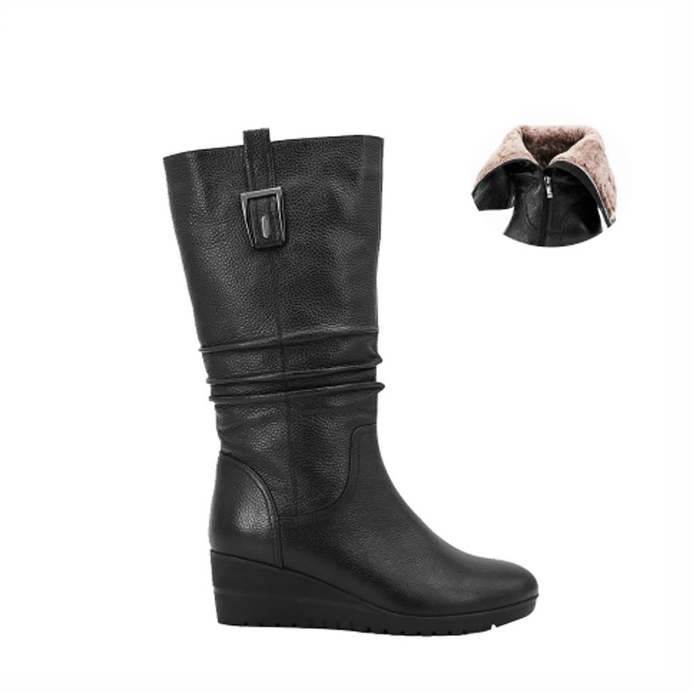 

SOPHITINA Wool Fur Mid-Calf Boots Black Genuine Leather Winter Woman Boots Round Toe Soft Wedges Handmade Elegant Lady Shoes B27