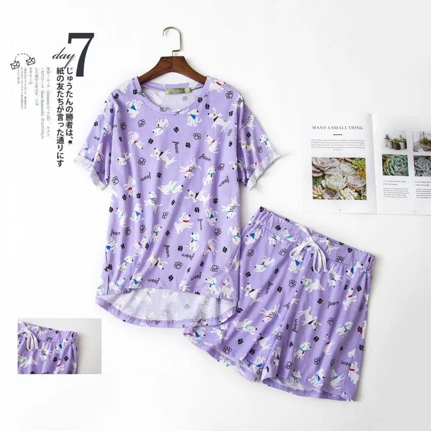 Purple dog set Хлопковые пижамы, женские, мульти стили, летние, Мультяшные, с котом, Кроликом, птицей, комплект из 2 предметов, с коротким рукавом, с эластичной резинкой на талии, пижамы для отдыха, S84694 - Цвет: Purple dog set