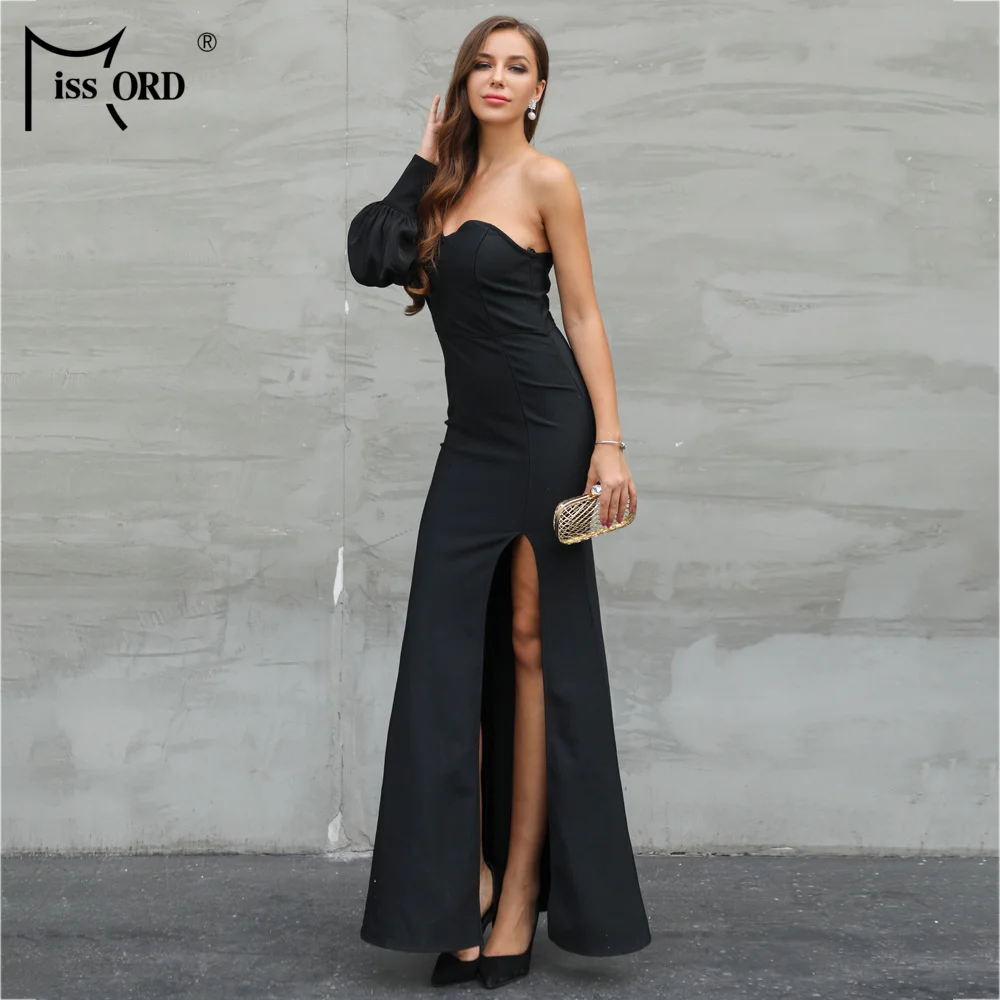 MIssord 2019 Sexy бретелек одна сторона с пышными рукавами одно разделение бинты Макси