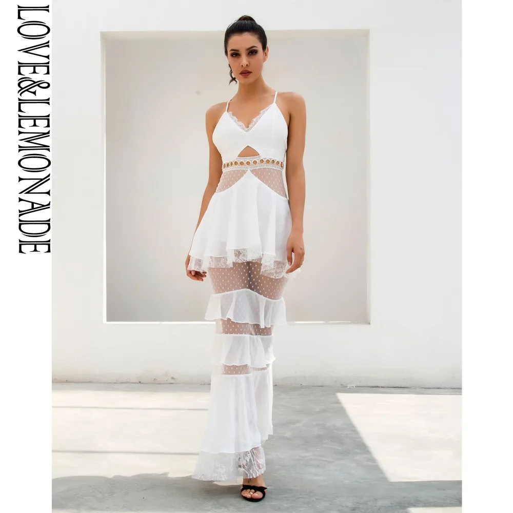 LOVE & LEMONADE белое многослойное платье с оборками шифон кружевное длинное летнее