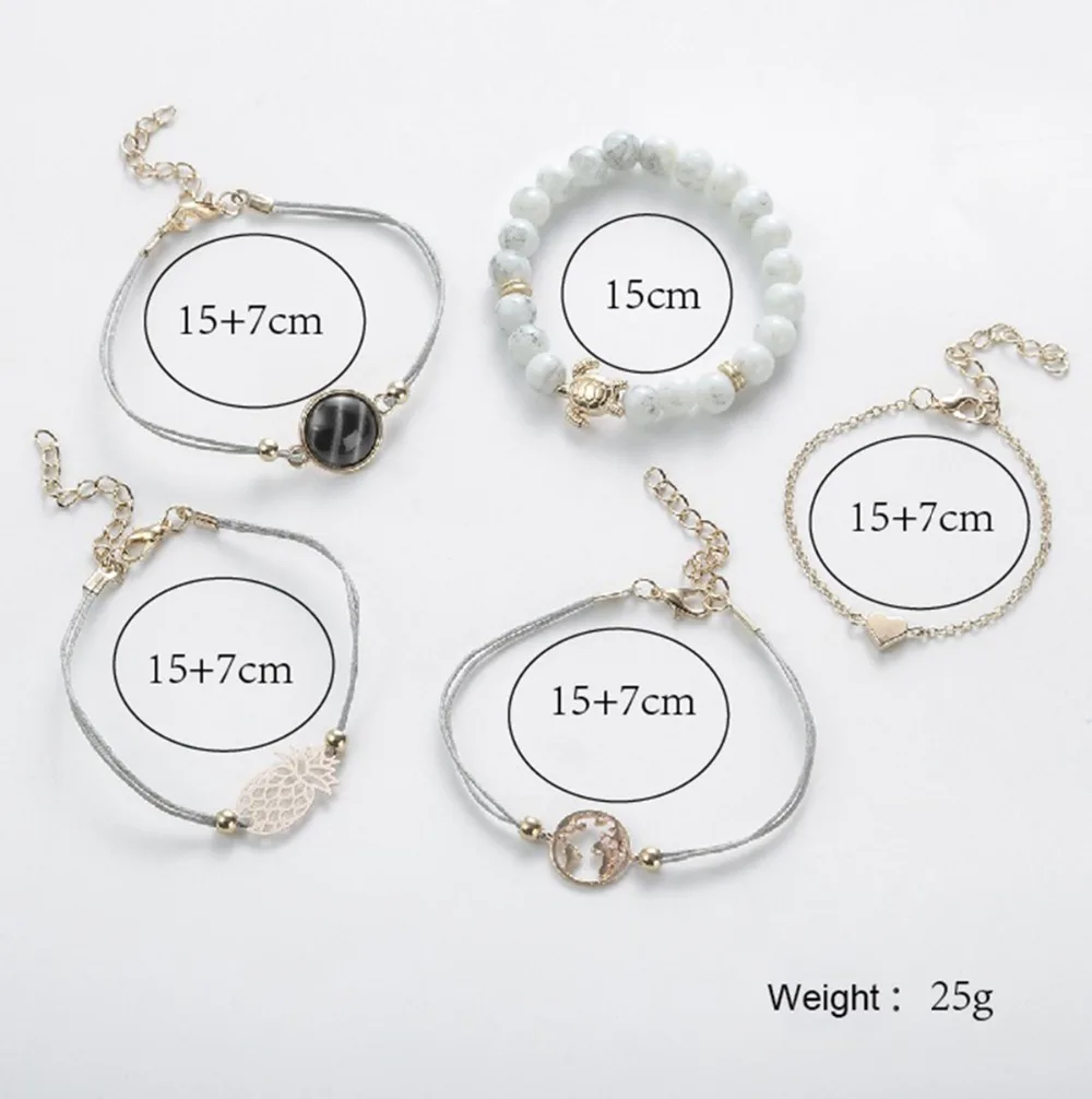 5 шт./компл. Boho черепаха ананас сердце карта мира Шарм Браслеты для женщин