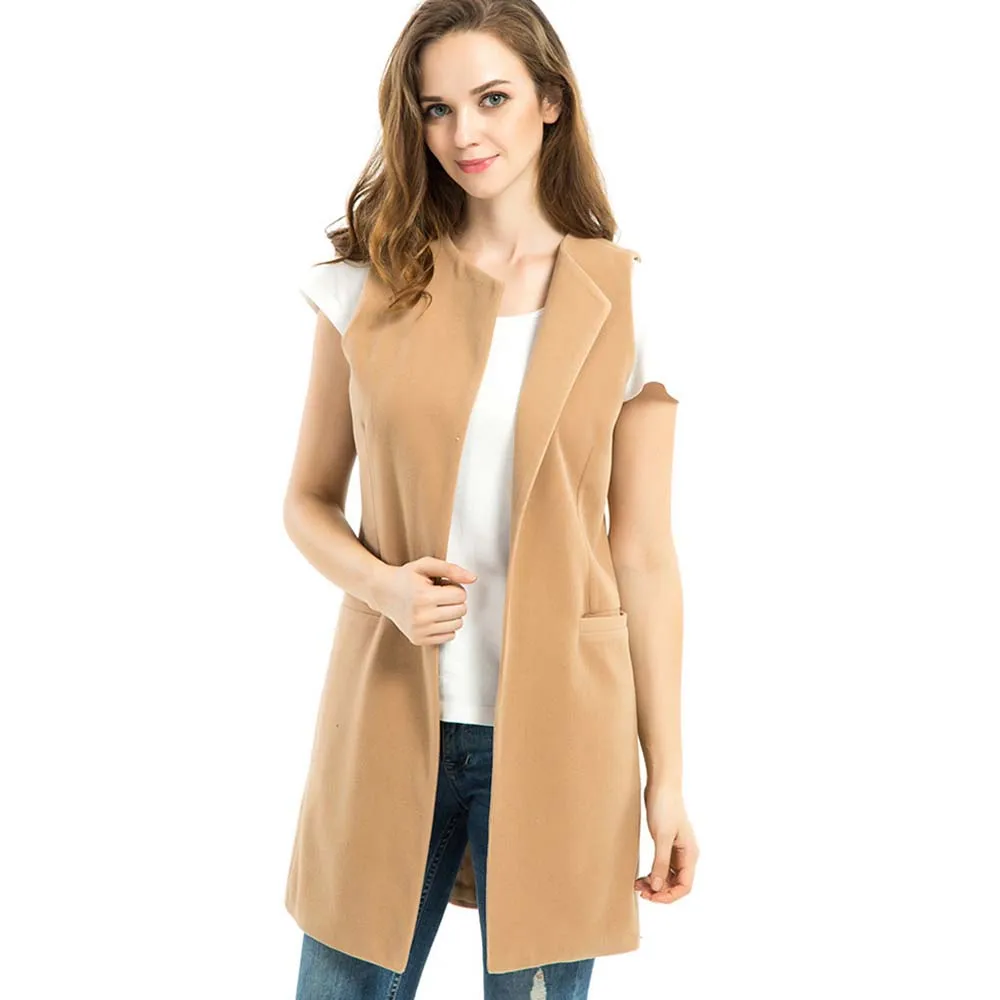 Autumn Women Wool Blend Vest Waistcoat Lady Long Coat Casual Sleeveless Pocket Jacket Plus Size YF809 | Женская одежда