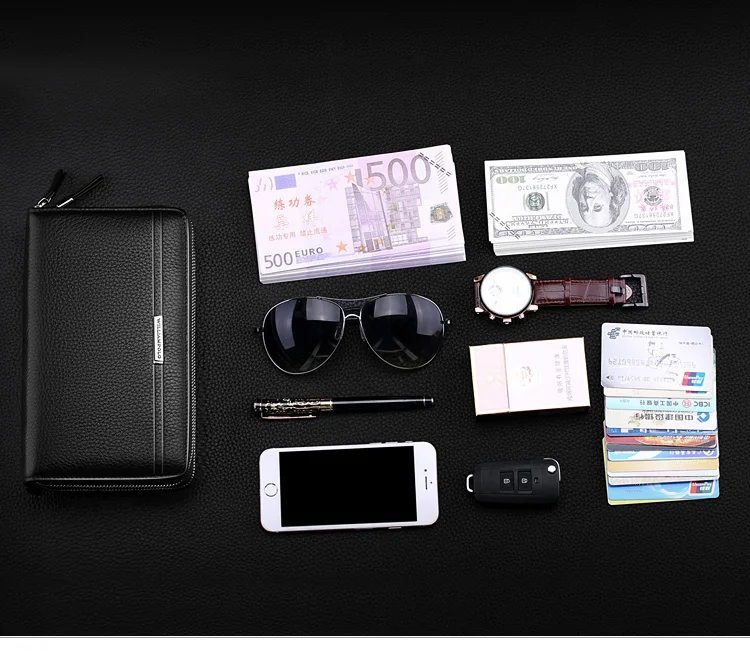 WILLIAMPOLO Leather Vintage Solid Clutch Bag Phone and Card Brand Mens Wallet Double Zipper Genuine Leather Handy Bag Purse