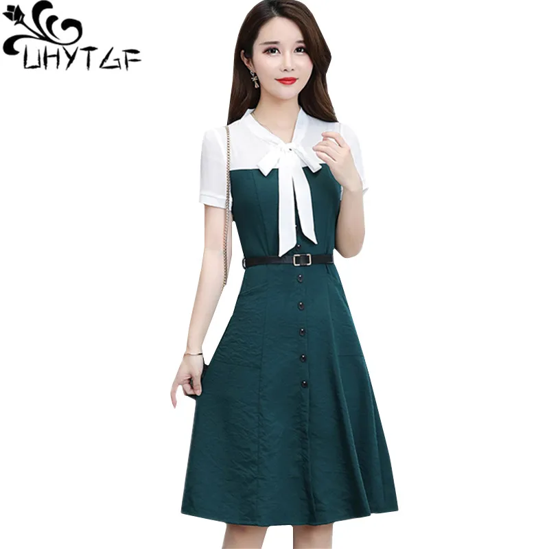 

UHYTGF Women summer dress vestido Fashion Bow beach chiffon dress temperament Slim elegant female dresses 5XL plus size dress153