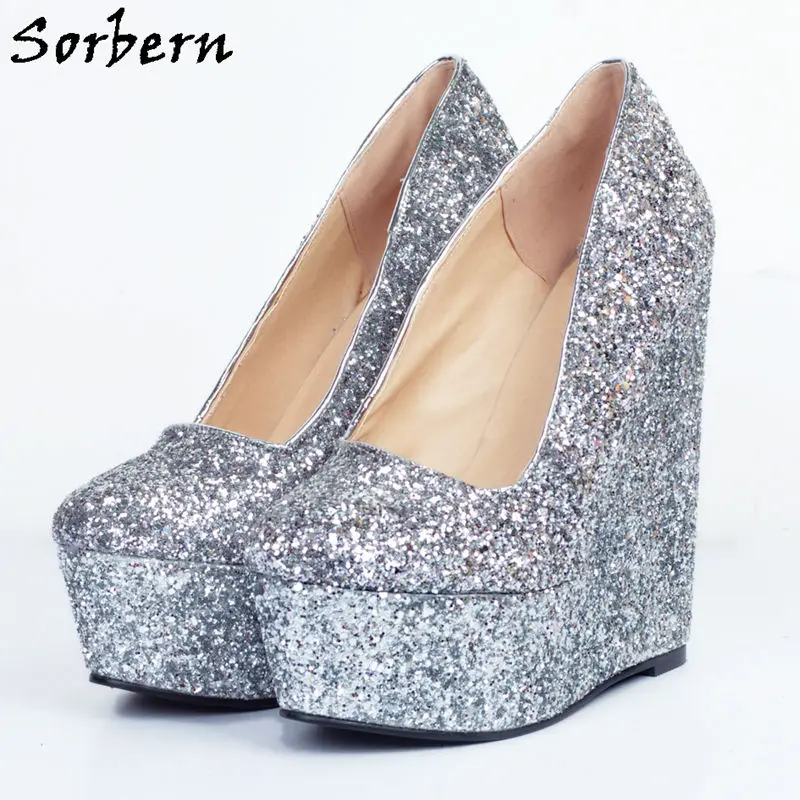 Sorbern Серебряный Bling Блеск Клин плюс размер 34–47 насосы, женская обувь на платформе размер 42 на высоком каблуке Женская обувь на широком каблуке пользовательские