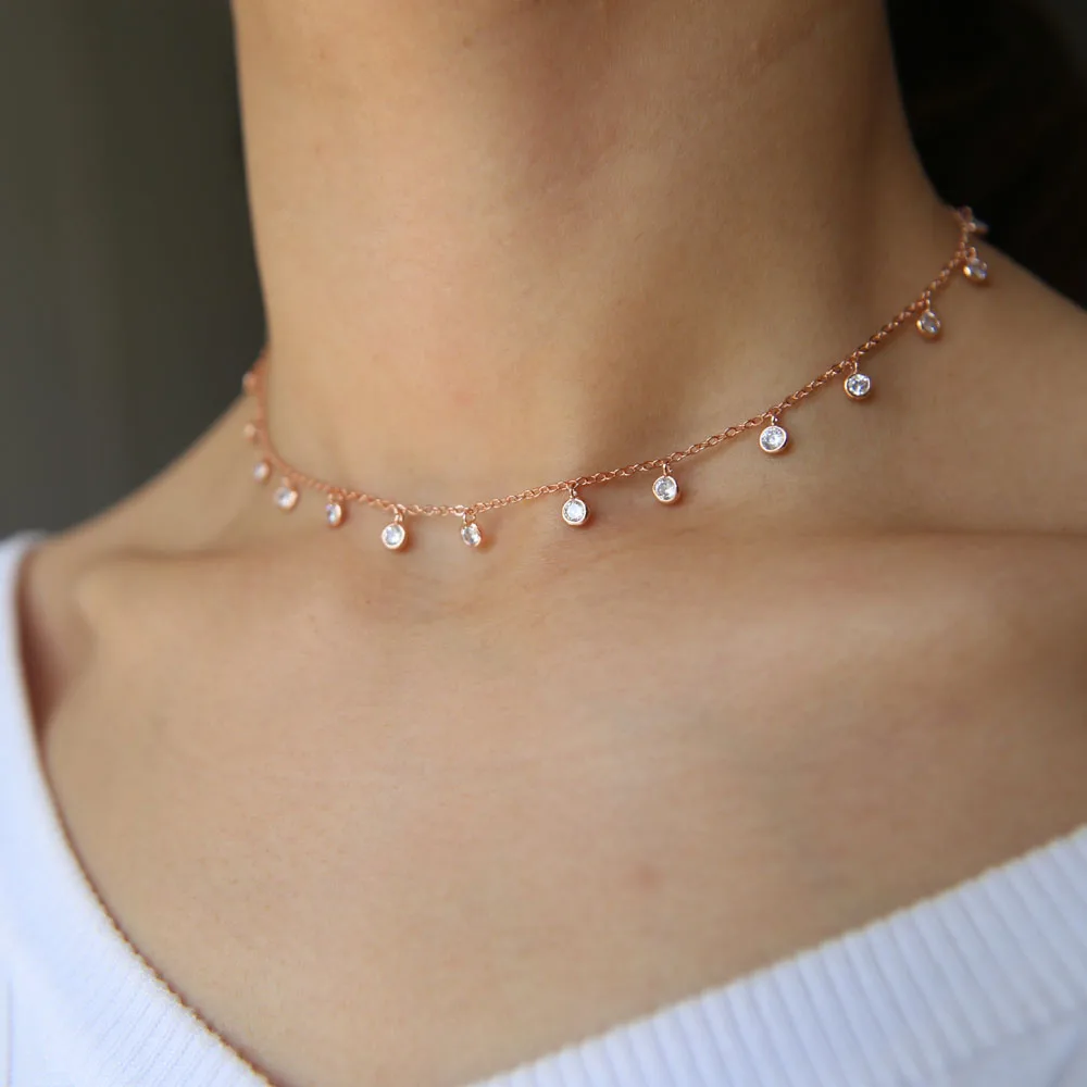 

Hot selling Delicate Trendy Necklace pendant drip cz mini drop charm link chain 32+8cm choker boho layer necklace factory