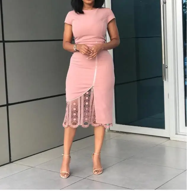 Женское кружевное лоскутное платье карандаш розовый халат на молнии спереди