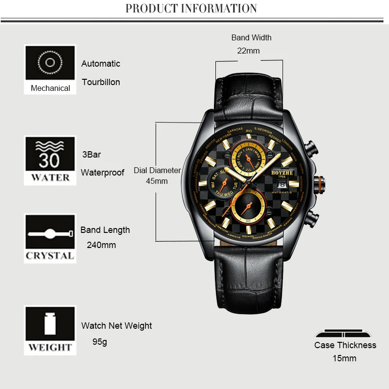 Часы наручные BOYZHE Мужские механические брендовые автоматические Роскошные