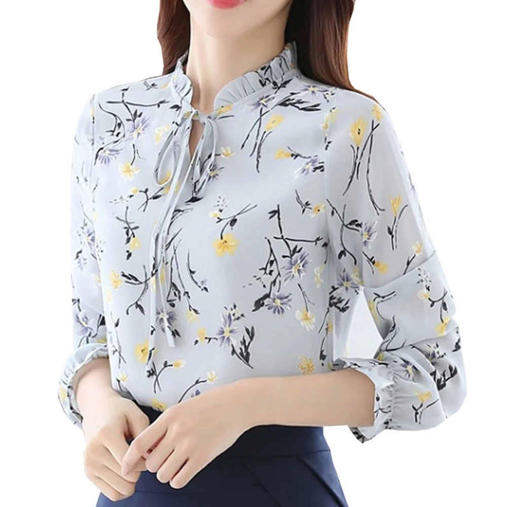 

Women Summer Blouses Vintage Floral Printed Long Sleeve Shirt Turn Down Collar Loose Chiffon Blouse Femininas Female Casual Tops