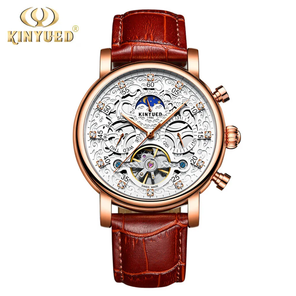 KINYUED Мужские автоматические механические часы с полым циферблатом Tourbillon