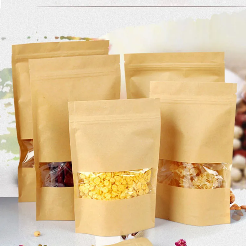 

50Pcs/Lots Food Bag Self-Seal Adhesive Transparent Window Bags Kraft Paper Material Ziplock Packaging Stand-Up Pouch Bags