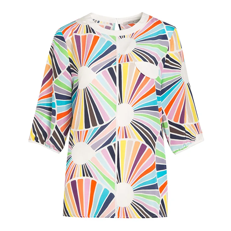

Women Print Blouse Shirt 100% REAL SILK Crepe O neck Office Lady Summer Blouse Half Sleeved 2019 Summer Shirt
